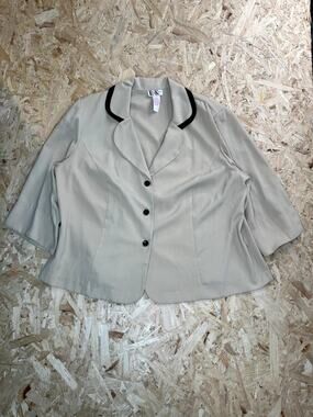 R&K Woman Blazer Jacket Womens 22W Beige 3/4 Sleeve Black Trim Button Up